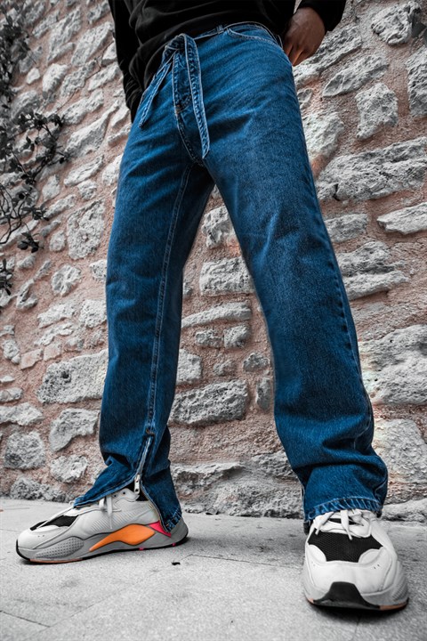 Denim RepublicErkek Lacivert Paçası Fermuarlı Baggy Jeans