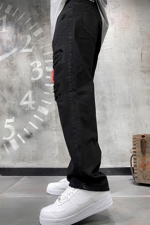 Denim RepublicErkek Siyah Yırtık Detaylı Baggy Jeans