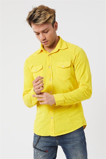 Denim Republic Sarı Renk Slim Fit Kadife Erkek Gömlek