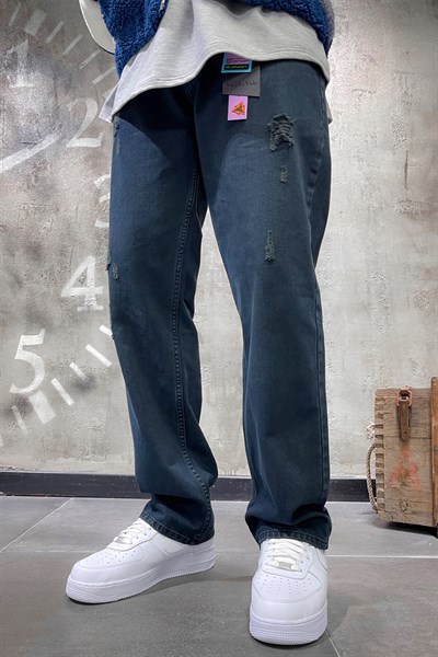 Erkek Lacivert Yırtık Detaylı Baggy Jeans