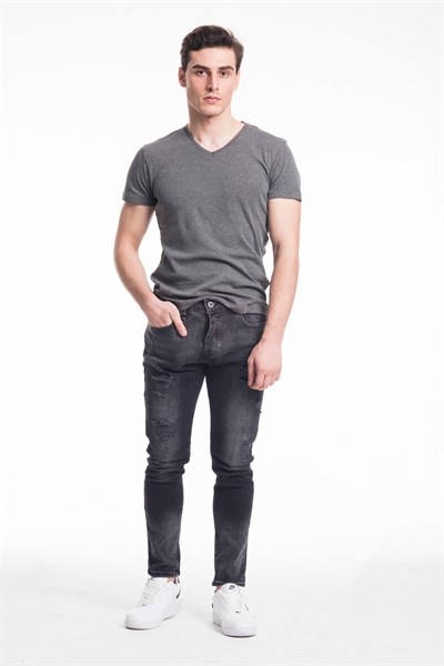 Siyah Erkek Yırtık Detaylı Skinny Jeans