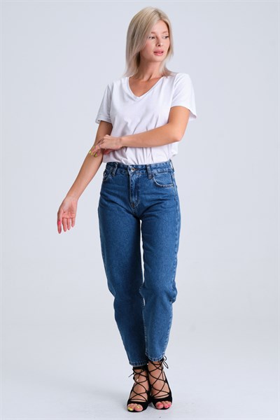 Vintage Denim Kadın Mavi Yüksek Bel Balon Jeans